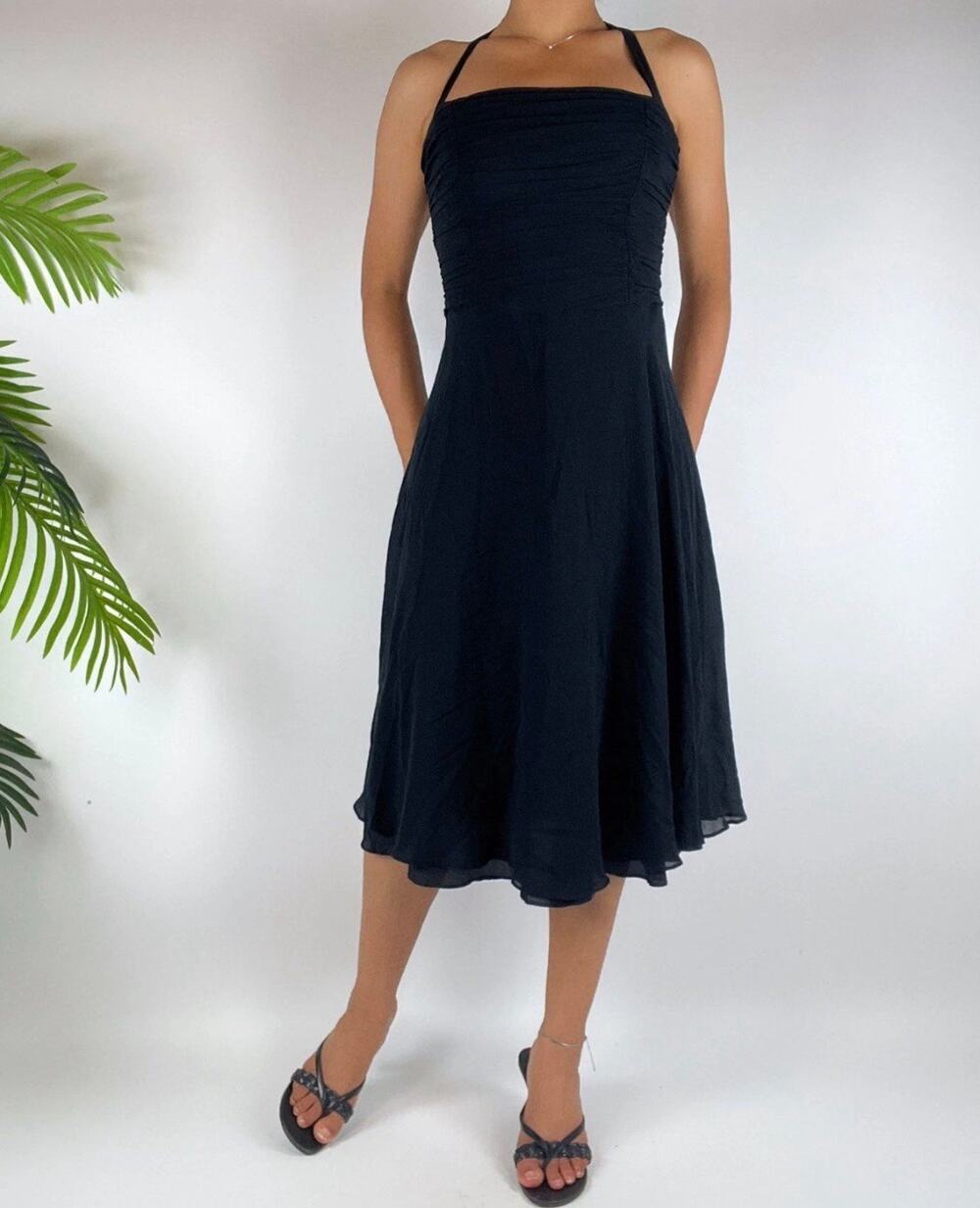 Maggy London vintage look Y2K black  ruched sheer midi halter dress